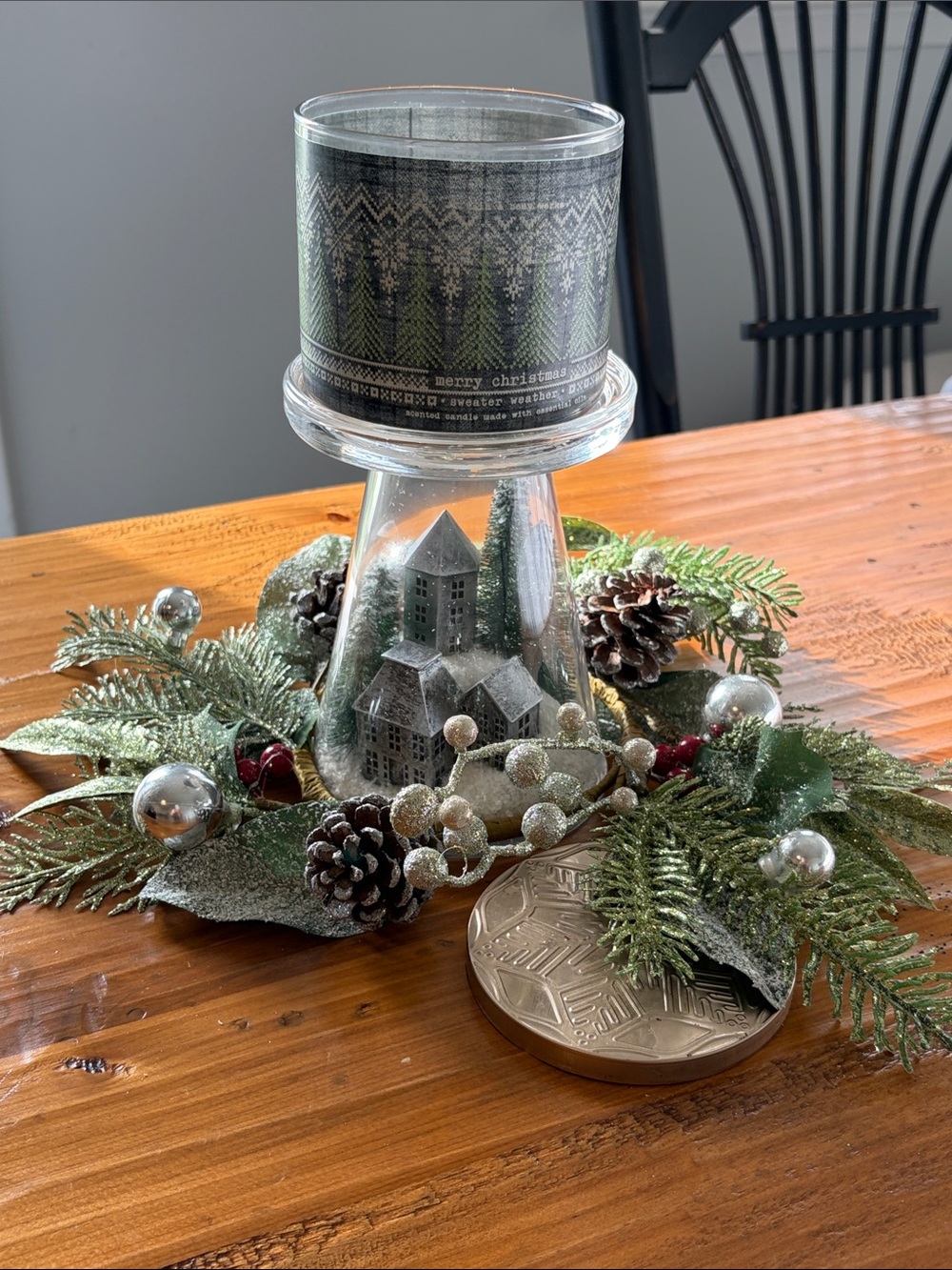 Bath & Body Works Silver and Green Frosted Village Candle Centerpiece